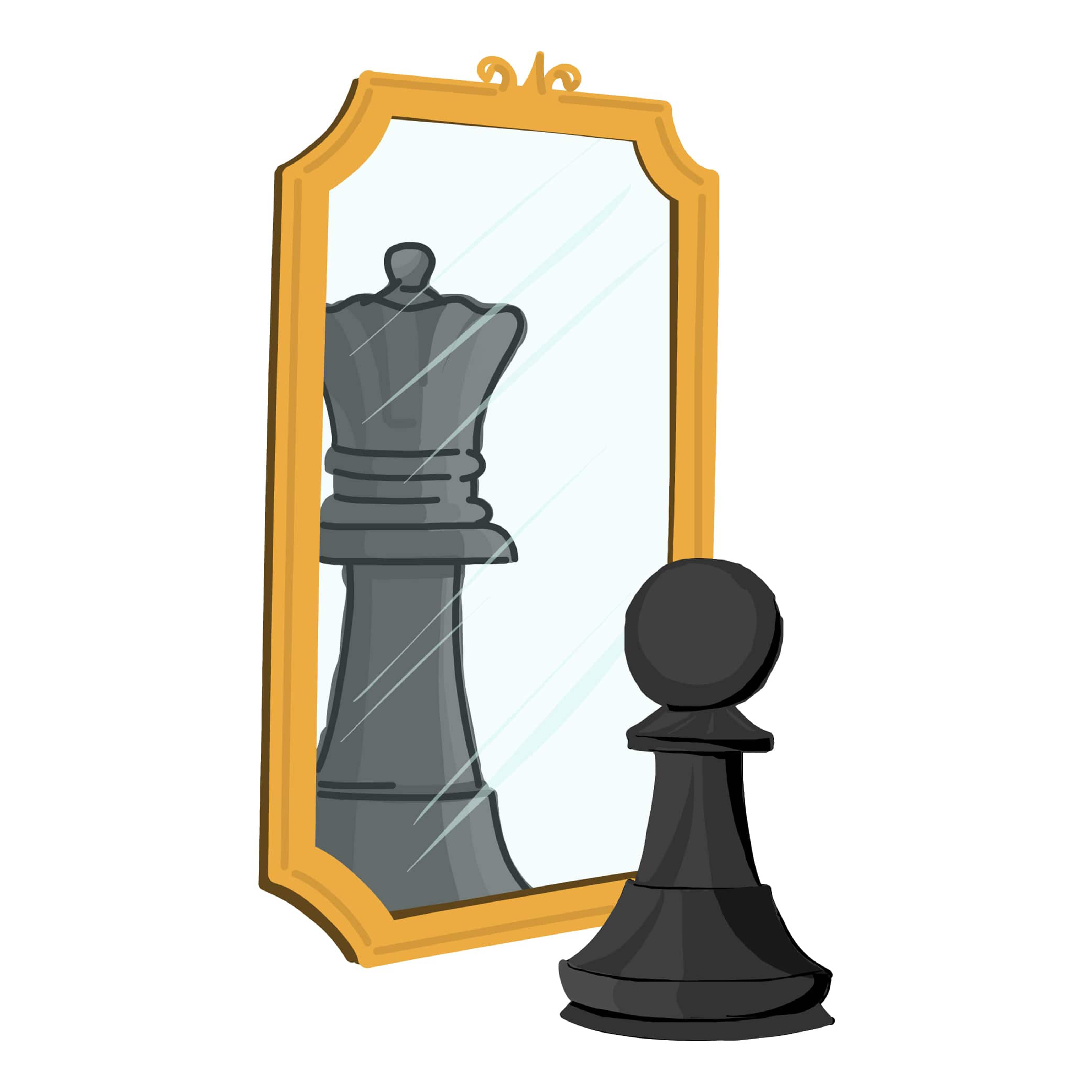 A chess pawn seeing a queen instead of itself in a mirror reflection