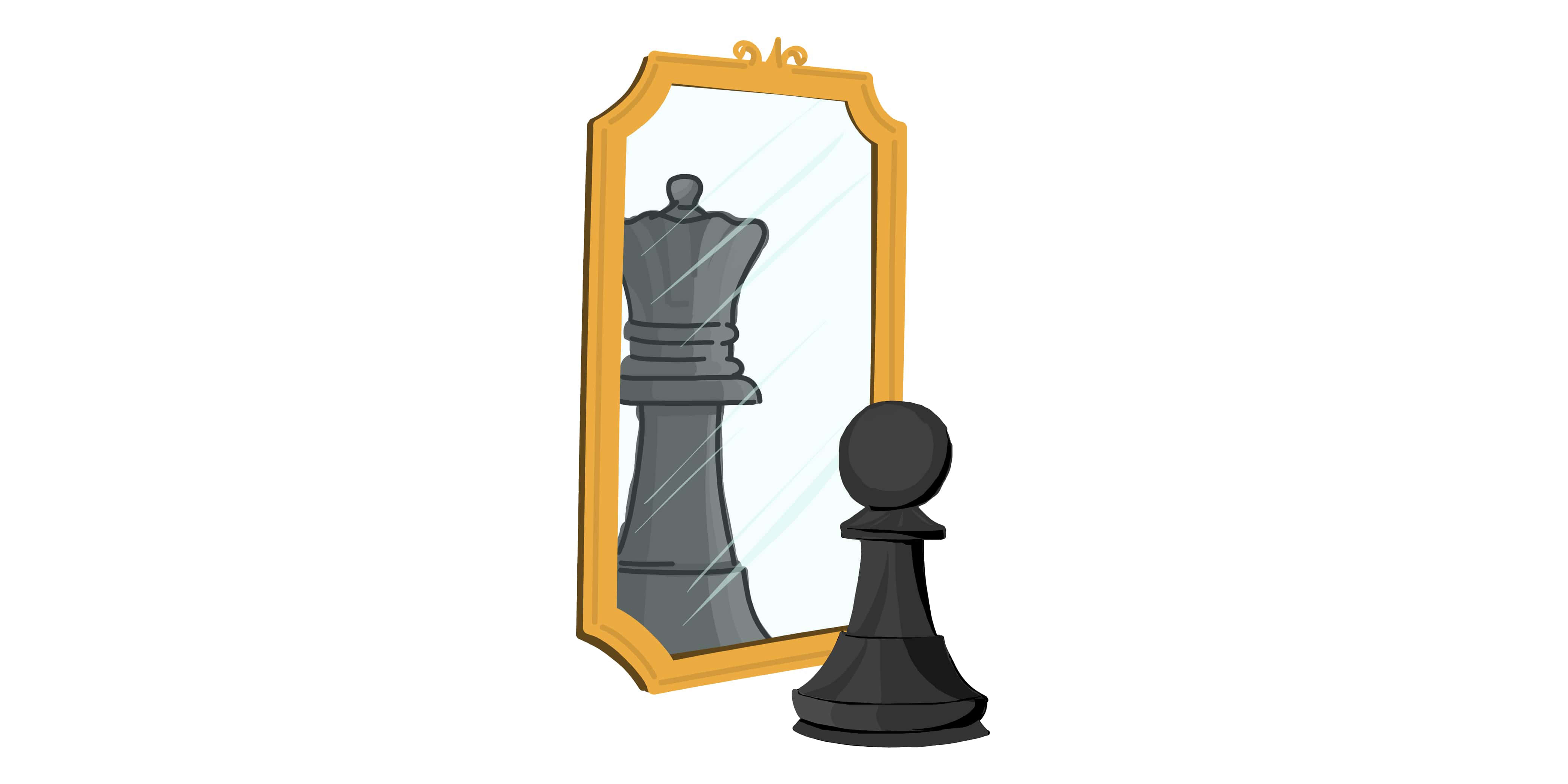 A chess pawn seeing a queen instead of itself in a mirror reflection