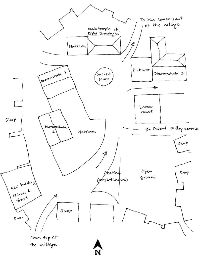 Hand drawn sketch of temple complex and surrounding public amenities